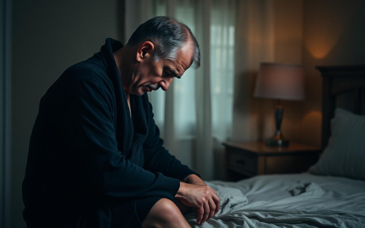 Homme mature assis sur le bord du lit, tête baissée